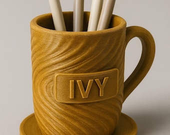 Morning Smile Crema Swirl Mug Pen Holder – Personalized Name Desk Caddy | Coffee Lover Gift | National Coffee Day 9/29 | Coworker Teacher