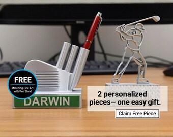 Juego de portalápices personalizado para palos de golf: organizador de escritorio impreso en 3D + ilustración lineal de golfista de regalo