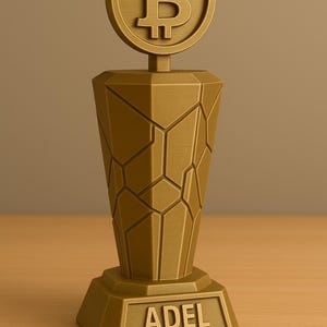 Może przedstawiać: Złoty trofeum z symbolem Bitcoina na szczycie. Podstawa trofeum ma wygrawerowane imię "ADEL".