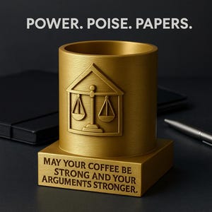 Puede incluir: Un organizador de escritorio dorado con un emblema de la balanza de la justicia. La base del organizador tiene el texto "MAY YOUR COFFEE BE STRONG AND YOUR ARGUMENTS STRONGER." La parte superior de la imagen dice "POWER. POISE. PAPERS."