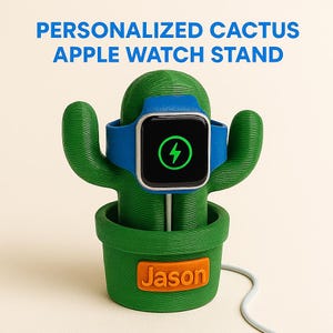 Personalized 3D Printed Cactus Apple Watch Stand – Cute Funny Charging Dock with Name Badge – Custom Desk Organizer Gift for Him or Her
