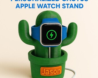 May include: A green cactus-shaped Apple Watch stand with a blue watch band. The watch face displays a green lightning bolt. The stand is in a green pot with the name "Jason" on an orange label. Text at the top reads "PERSONALIZED CACTUS APPLE WATCH STAND."