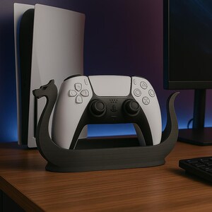 Viking Longship Gaming Controller Stand – Nordisk mytologi, present till honom, PS5-displayställ, 3D-tryckt mattsvart hållare, spelskrivbordsdekor
