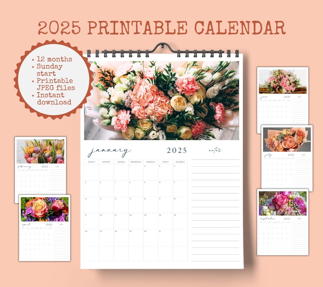 2025 Calendar Printable, Floral Monthly Calendar, Desk and Wall