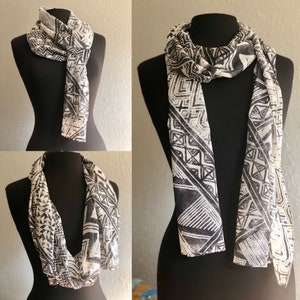 Almost Black & White Silk Scarf, Women's Spring Fashion Accessory, Chiffon African Print, Hand Made in USA, Gift for Her, Bespoke Accessory
