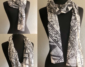 Almost Black & White Silk Scarf, Women's Spring Fashion Accessory, Chiffon African Print, Hand Made in USA, Gift for Her, Bespoke Accessory