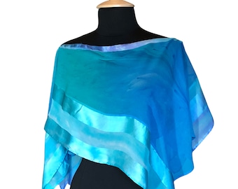 Silk Shawl - Azul Satin Trimmed Poncho, Swim Suit Cover Up, Special Gift, Turquoise Blue Silk Poncho