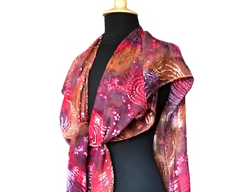 Velvet Ruana - Ember Devoré Ruana with Fringe, Burnout Velvet, Hand Painted Silk Velvet Wrap