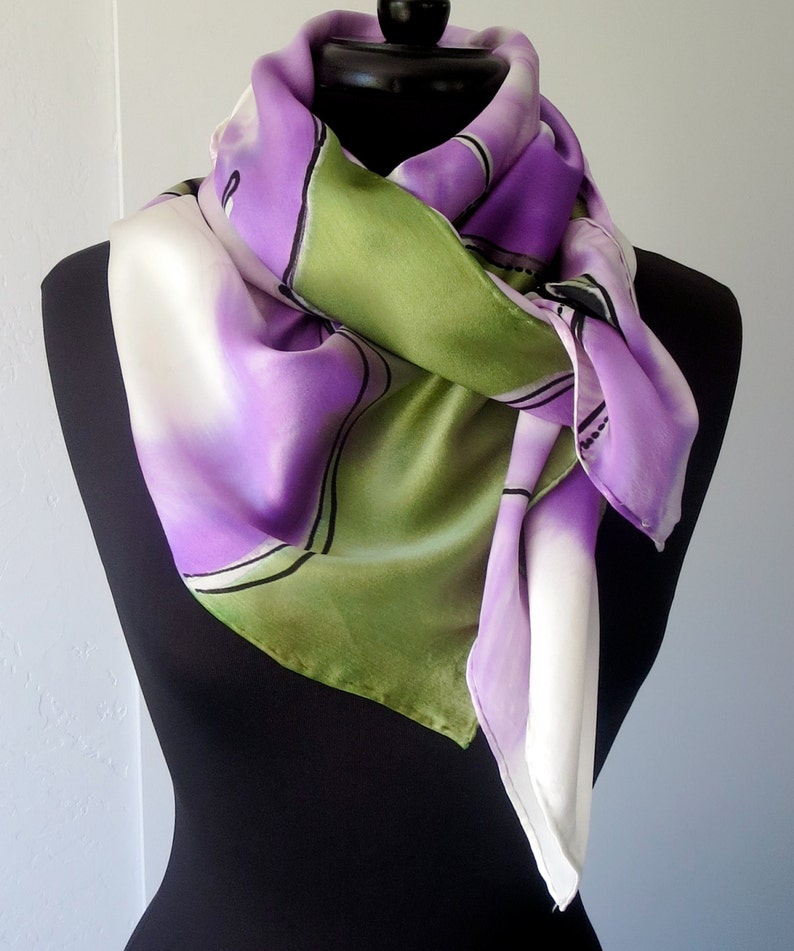 Hand Painted Silk Poncho One of a Kind Designer Original Dogwood Flowers, Purple, Green and White Pure Silk Square Scarf image 1