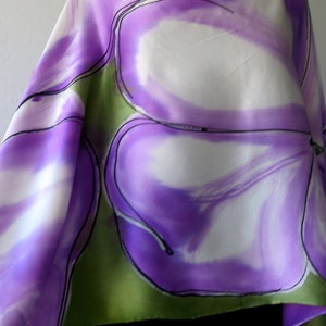 Hand Painted Silk Poncho One of a Kind Designer Original Dogwood Flowers, Purple, Green and White Pure Silk Square Scarf image 3