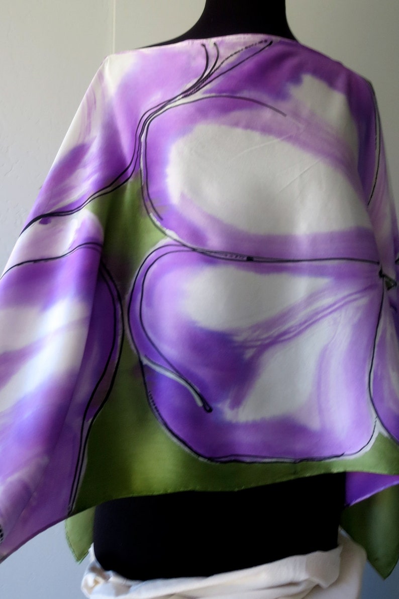 Hand Painted Silk Poncho One of a Kind Designer Original Dogwood Flowers, Purple, Green and White Pure Silk Square Scarf image 3