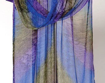 Hand Dyed Blue Green Purple Satin Trimmed Silk Chiffon Ruana, Art to Wear Cape, Opera Cape, Kimono, Travel Accessory, Luxury Resort