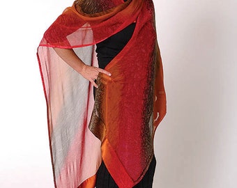 Women's Fashion Hand Painted Silk Ruana Shawl, Red, Brown, Sienna Kimono, Festival Garb, Travel Attire, One of a Kind, Made by-hand in USA