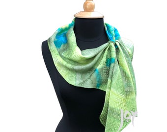 Peridot & Turquoise Hand Painted Silk Scarf, Day Scarf, Basketweave Jacquard, Artisan Made, Gift Idea