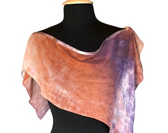 Hand Painted Chiffon Silk Shawl - Canyon Satin Trimmed Poncho, Swim Suit Cover Up, Special Gift