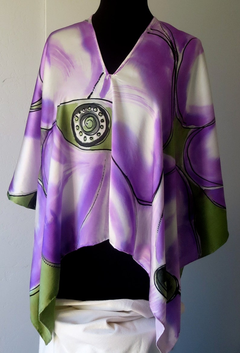 Hand Painted Silk Poncho One of a Kind Designer Original Dogwood Flowers, Purple, Green and White Pure Silk Square Scarf image 2