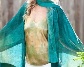 Emerald Green Hand Painted Silk Ruana, Boho Wedding Shawl, Satin Trimmed Chiffon Shawl, Goddess Silks, Plus Size Fashion