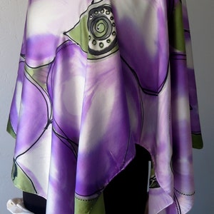 Hand Painted Silk Poncho One of a Kind Designer Original Dogwood Flowers, Purple, Green and White Pure Silk Square Scarf image 4