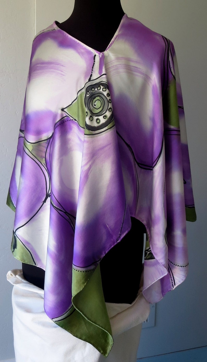 Hand Painted Silk Poncho One of a Kind Designer Original Dogwood Flowers, Purple, Green and White Pure Silk Square Scarf image 4