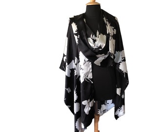 Silk Ruana - Black & White Oscar de la Renta Floral Charmeuse Ruana, Opera Cape, Wedding Attire,