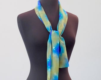 Shibori Dyed Woman's Scarf, Cobalt Blue Green and Copper, Gift for Her, Made in USA, Tie-dye Hand Dyed Peacock Feather, Chiffon Day Scarf