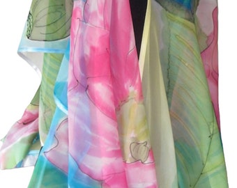 Summer Floral Hand Painted Silk Ruana - Sheer Silk Wrap, Sexy Kimono, Wedding, MOG, MOB, Bridesmaid, Summer Fashion, One of A Kind, Handmade