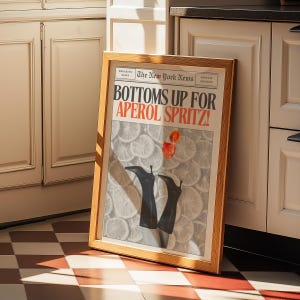 Impresión de periódico con Aperol Spritz, póster de cóctel exclusivo, arte de pared con botas Bottoms Up, decoración de carrito de bar, decoración de apartamento universitario, decoración de dormitorio