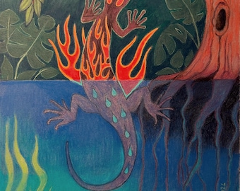 Original Hand Drawn Pastel Surreal Painting "Fire Salamander"