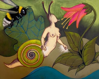 Original Hand Drawn Pastel Surreal Painting "Snail Goddess"
