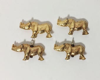 Vintage Brass Rhino Beads - Cute Little Metal Rhinoceros - Destash - Set of Four - Rhino Charms - 22mm