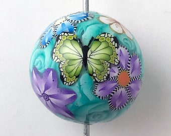 Polymer Clay Bead 1/ct Handmade Butterfly Floral Flower Ball Sphere Round Shape White Blue Purple Green Waterproof Resin Coated (2955clay)