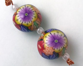 Polymer Clay Bead 2/ct Handmade Floral Flower Round Ball Shape Orange Purple Pink Yellow Waterproof Resin Coated (2999clay)