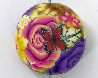 Polymer Clay Bead 1/ct Handmade Butterfly Floral Flower Puffy Lentil Round Shape Orange Yellow Purple Red Waterproof Resin Coated (2868clay)