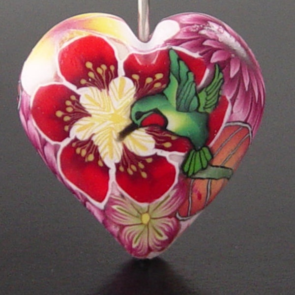 Puffy HEART Focal HUMMINGBIRD Floral Flower Clay Bead 1930