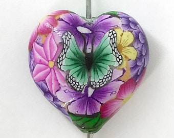 Polymer Clay Bead 1/ct Handmade Butterfly Floral Flower Puffy Heart Shape Pink Purple Green Waterproof Resin Coated (2607clay)