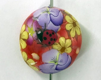 Polymer Clay Bead 1/ct Handmade Ladybug Floral Flower Oval Round Shape Red Purple Yellow Pink Waterproof Resin Coated (2920clay)