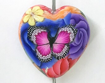 Polymer Clay Bead 1/ct Handmade Butterfly Floral Flower Puffy Heart Shape Pink Yellow Blue Purple Waterproof Resin Coated (2606clay)