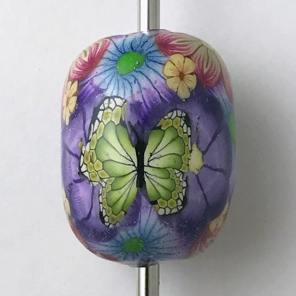 Polymer Clay Bead 1/ct Handmade Butterfly Floral Flower Tube Round Shape Large Hole Green Purple Yellow Waterproof Resin Coated (2992clay)