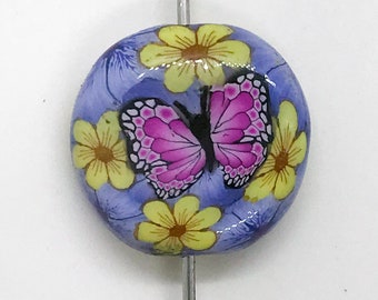 Polymer Clay Bead 1/ct Handmade Butterfly Floral Flower Puffy Lentil Coin Shape Pink Yellow Blue Waterproof Resin Coated (2525clay)