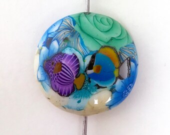 Polymer Clay Bead 1/ct Handmade Tropical Fish Floral Flower Puffy Lentil Shape Tan Orange Blue Purple Waterproof Resin Coated (2996clay)