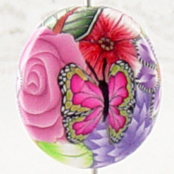 SALE... Round OVAL Coin Focal BUTTERFLY Floral Flower Clay Bead 1833