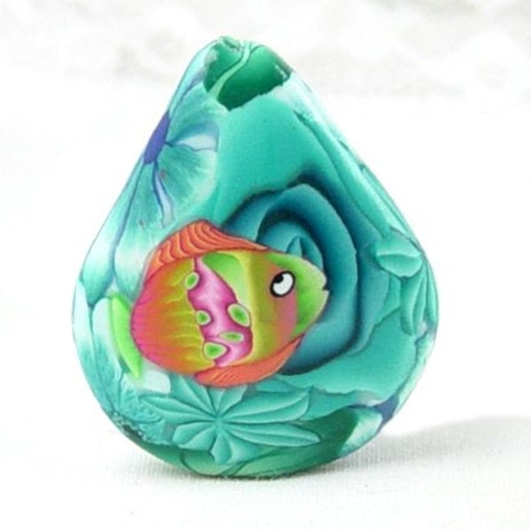 PUFFY TEARDROP FOCAL TROPICAL FISH FLOWER POLYMER CLAY BEAD 1130