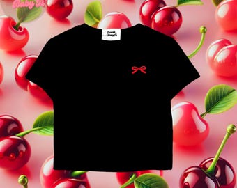 Bow Cropped Baby Tee - Tops, Cute Crop Tops, Sorority Tee, Y2k Graphic Baby Tee, 90s Baby Tee, Trending Tee, Y2k Shirt, Cool Girl Baby Tee