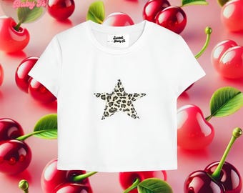 Cheetah Print Star Baby Tee - Animal print Baby Tee, Aesthetic Crop Top, Coquette Baby Tee, Women's Baby Tee, 90s Baby Tee, Cute Baby Tee