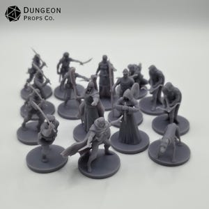 May include: A collection of gray miniature figurines, including warriors, mages, and a dog, on circular bases. The figurines are in various action poses, with weapons and cloaks. The Dungeon Props Co. logo is in the upper left corner.