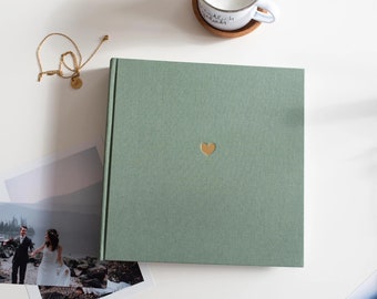 Linen photo album sage | HEART | Gold embossing | Wedding album | PERSONALIZABLE