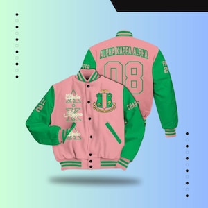 Alpha Kappa Alpha Custom Chapter Varsity Jacket, Personalized Salmon Pink Mix Apple Green 1908 Sorority Jacket, Greek Apparel Gift for Her