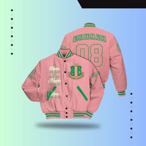 Alpha Kappa Alpha Custom Chapter Varsity Jacket, Personalized Salmon Pink 1908 Sorority Jacket, Alpha Kappa Alpha Greek Jacket for Women