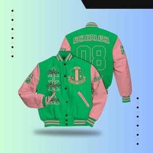 Alpha Kappa Alpha Custom Chapter Varsity Jacket, Personalized Apple Green Mix Salmon Pink 1908 Sorority Jacket, Greek Clothing Gift for Her