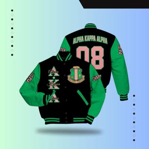 Alpha Kappa Alpha Varsity Jacket, Custom Chapter, Personalized Black Mix Apple Green Varsity Jacket 1908 Sorority, Alpha Kappa Alpha Apparel